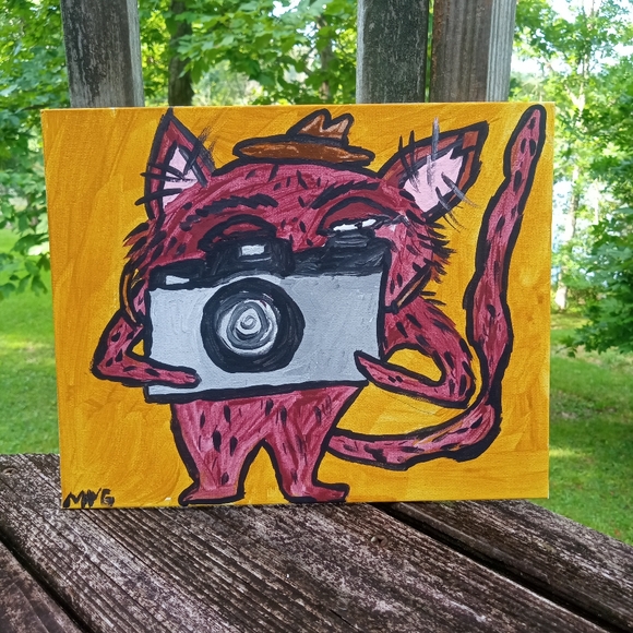 Cat Taking A Picture Painting Folk Art Home Whimsical Decor - Picture 4 of 6